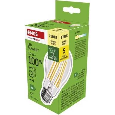 LED žárovka Filament A60 A CLASS / E27 / 7,2 W (100 W) / 1521 lm / teplá bílá EMOS