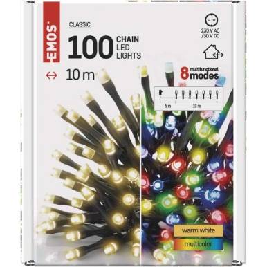 LED vánoční řetěz 2v1, 10 m, venkovní i vnitřní, teplá bílá/multicolor, programy EMOS Lighting