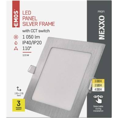 LED vestavné svítidlo NEXXO, čtvercové, stříbrné, 12,5W, se změnou CCT EMOS Lighting