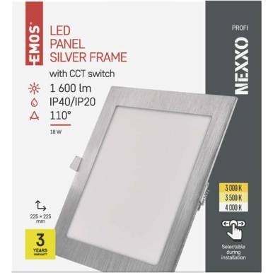 LED vestavné svítidlo NEXXO, čtvercové, stříbrné, 18W, se změnou CCT EMOS Lighting