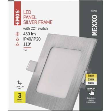 LED vestavné svítidlo NEXXO, čtvercové, stříbrné, 7W, se změnou CCT EMOS Lighting